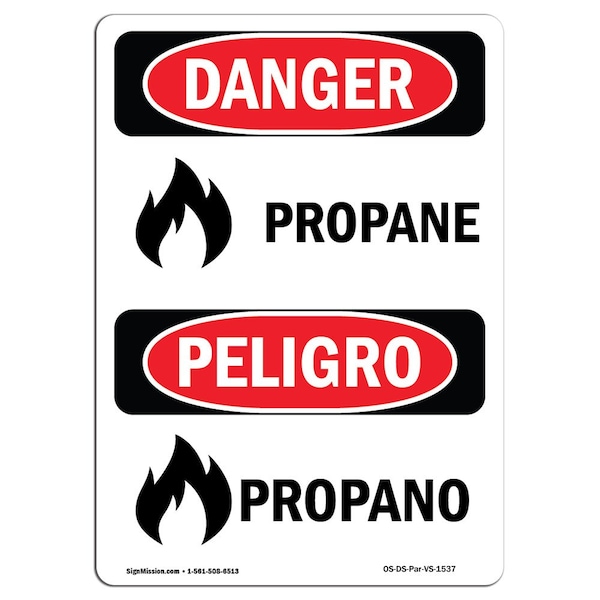 Safety Sign, OSHA Danger, 5" Height, Propane, Bilingual Spanish, 10PK